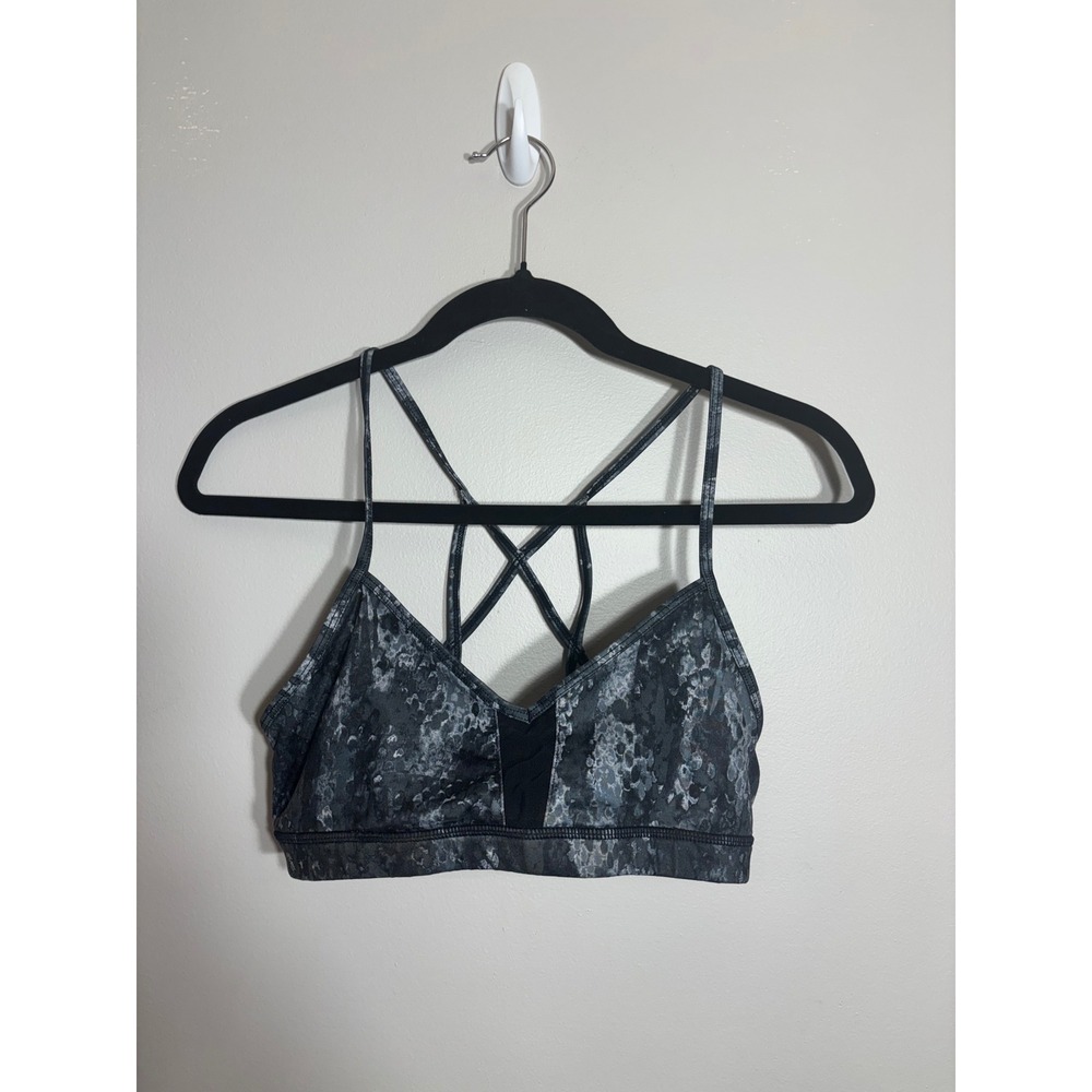 ALO Yoga Camo Print Strappy Sports Bra Black Grey Medium